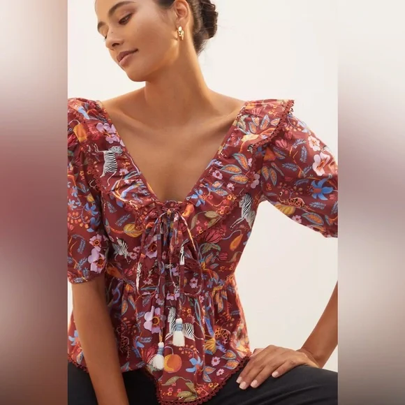 New Women’s Maeve Ruffled Tie-Front Blouse By Anthropologie!!🔥🔥🔥 - Picture 2 of 12